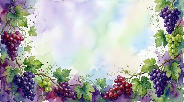 Watercolor grape vines frame with purple and green clusters, leaves and tendrils on soft pastel background for wine labels, vineyard branding and harvest designs.