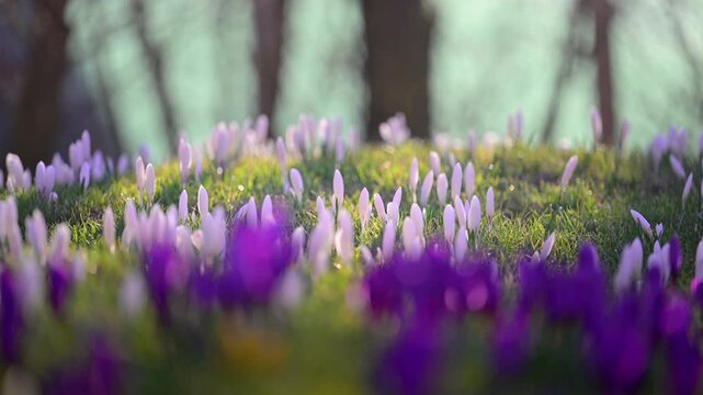 Fresh spring flowers crocus in green meadow, sunlight and calm mood, 4K slow motion