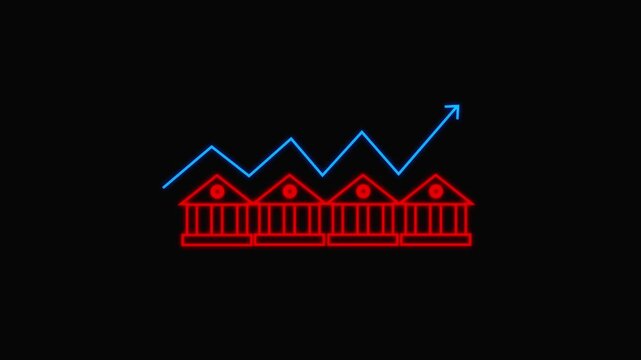 Glowing line House under protection icon with up arrow isolated on black background. Video animation of a glowing light drawing a neon outline of houses decreasing in size. House, home building.