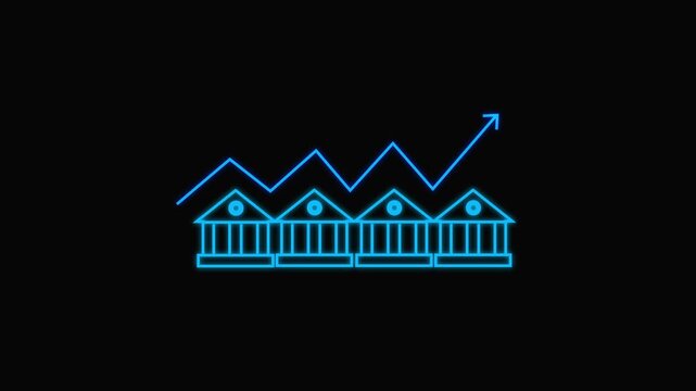 Glowing line House under protection icon with up arrow isolated on black background. Video animation of a glowing light drawing a neon outline of houses decreasing in size. House, home building.