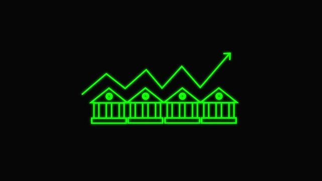 Glowing line House under protection icon with up arrow isolated on black background. Video animation of a glowing light drawing a neon outline of houses decreasing in size. House, home building.