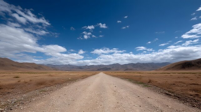 A straight dirt road stretches through a dry arid plain toward distant layers of mountains under a dramatic blue sky filled with clouds