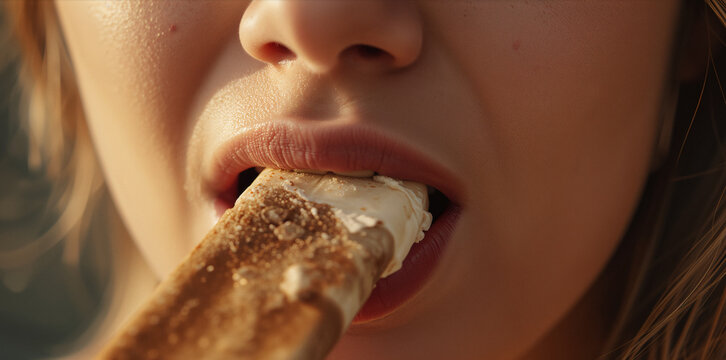 Woman biting delicious ice cream bar outdoors