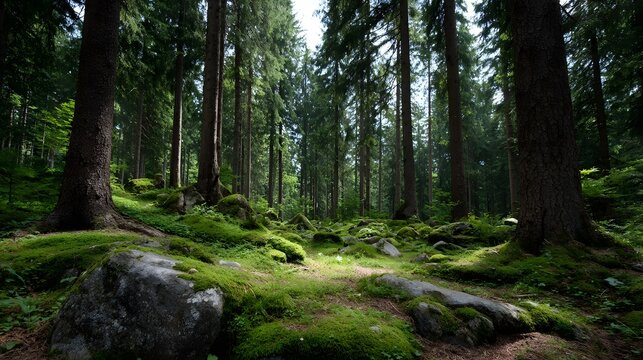 A dense mystical forest landscape featuring towering trees and vibrant moss covered rocks on the shaded ground
