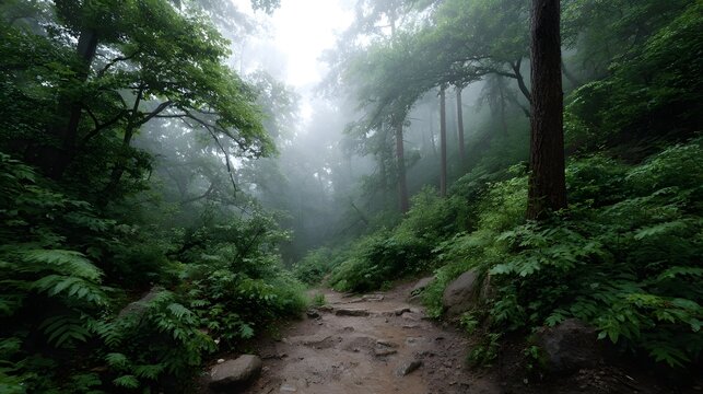 A misty dirt trail winding through a dense lush temperate forest canopy creating a serene sense of wilderness explo n
