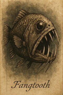 Vintage atlas close-up engraving of deep sea fangtooth with spiny fins