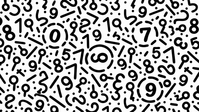 Black and white pattern of scattered numbers and digits in a modern abstract design