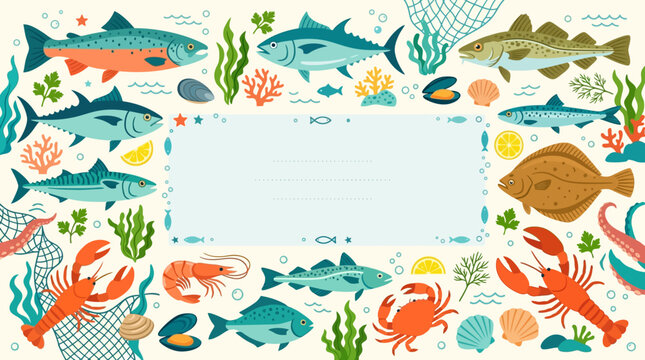 Hand drawn marine life collection with various fish and seafood frame.