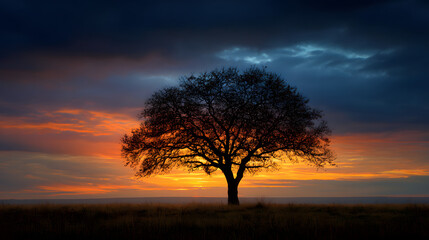 Fototapeta premium Bare tree silhouette isolated in vast open landscape 