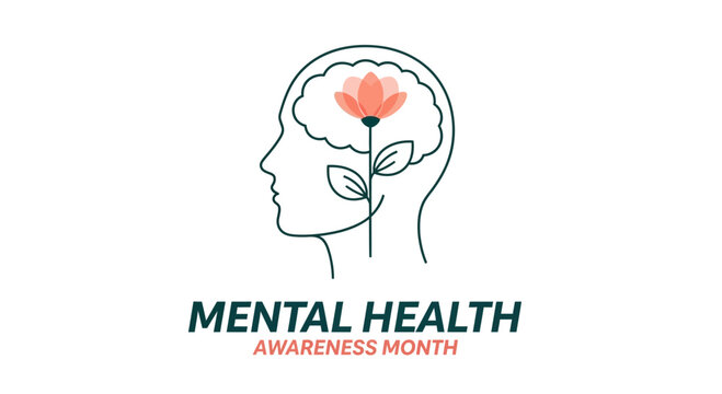 Mental health awareness month line art concept with a blooming flower inside human head.