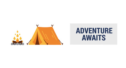 Camping tent and bonfire illustration with Adventure Awaits text. © Abid_Dilnawas