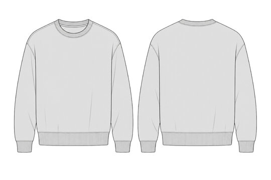 Comprehensive CAD technical drawing showcasing front and back views of a versatile grey crew-neck sweatshirt, ideal for fashion design, apparel development, and precise garment specifications
