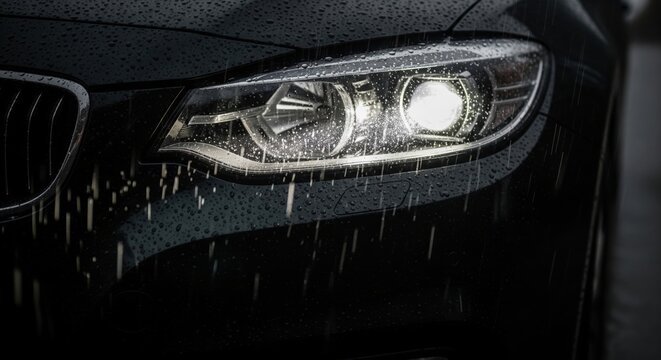 Modern Car Headlight Shining in the Rain Close-Up