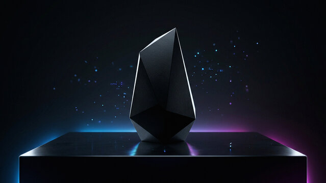 Black obsidian monolith sculpture with dual neon underlight, abstract luxury art piece