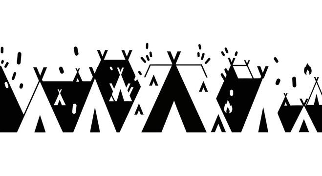Black and white silhouette illustration of a row of camping tents.