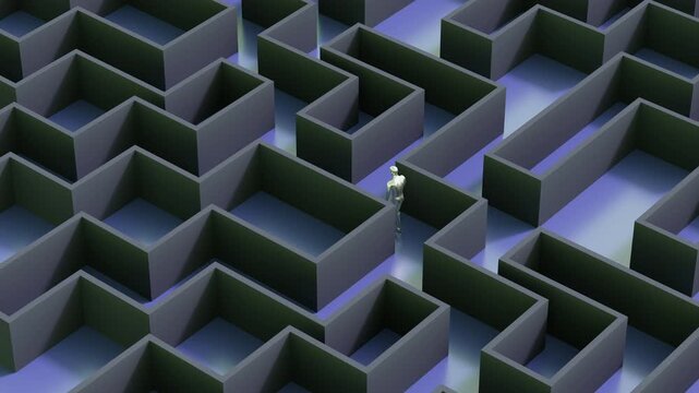 3d animation of seamless conceptual video loop of a polished chrome human figure endlessly navigating a labyrinthine elevated platform maze of choice-making paths