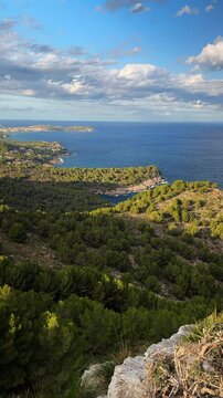 Aerial vertical view of rugged coastline covered with greenery in Capdepera, Mallorca, Balearic Islands, Spain, with deep blue Mediterranean Sea and natural coastal landscape.