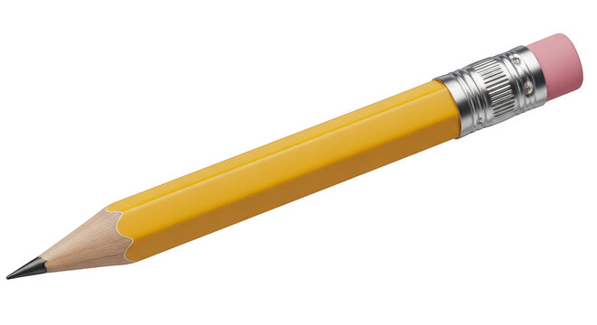 A classic yellow wooden graphite pencil with a pink eraser and a metallic silver ferrule, isolated on transparent background
