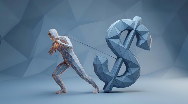 Low poly geometric human figure pulling a large dollar sign with a rope, financial struggle and economic effort concept on blue background.