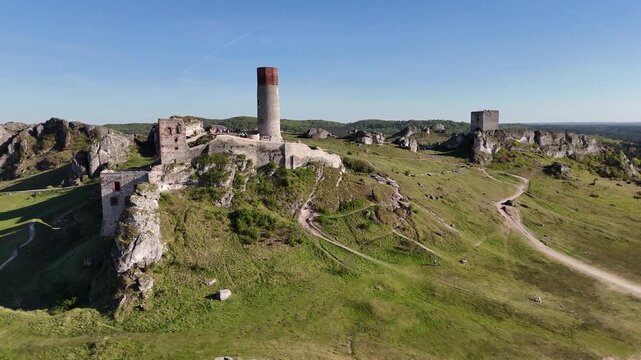 Drone shot of Olsztyn Castle ruins, Silesian Voivodeship, Poland