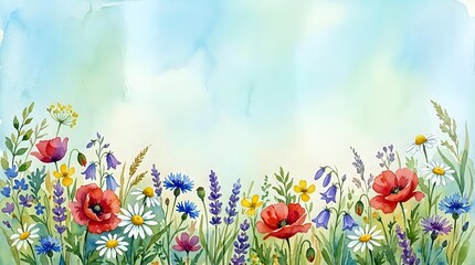 Obraz premium Watercolor wildflower meadow border with poppies, daisies, lavender, and cornflowers on a soft blue sky background with copy space.