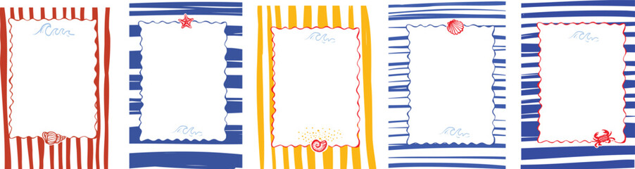 Fototapeta na wymiar Nautical themed hand drawn frames with stripes shells and seaside decorative elements set