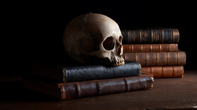 Still Life with Human Skull and Stack of Old Vintage Books on Rustic Wooden Table in Dark Grungy Room, Concept Image of Knowledge, Death, Study