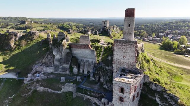 Aerial view of Olsztyn Castle ruins near Czestochowa, Poland