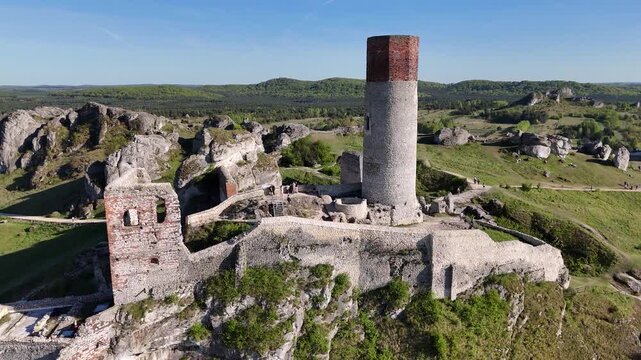 Bird's-eye view of Olsztyn Castle ruins near Czestochowa, Poland