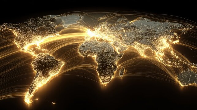 Digital world map showing glowing golden light connections and data flow lines across continents on a dark background representing global communication and network connectivity