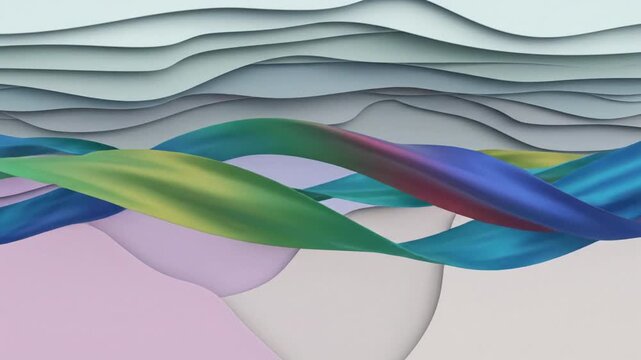 Elegant 3D abstract background featuring flowing multi colored silk ribbons and layered paper cut waves in soft pastel tones of blue pink and grey creating a sophisticated modern artistic texture