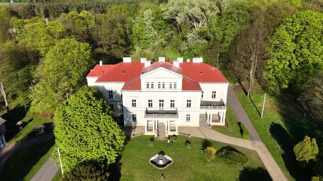 Drone shot of Raczynski Palace in Zloty Potok, Poland