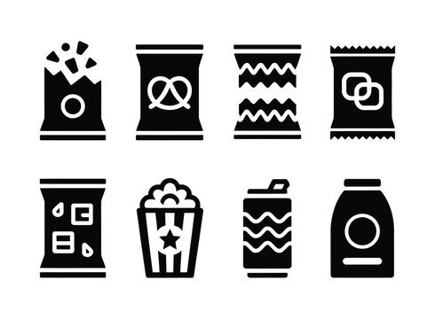 Junk food icon set, black solid vector collection featuring potato chips, pretzels, chocolate bars, popcorn, and soft drinks for snack branding, menu design, fast food graphics, and bold minimal conce