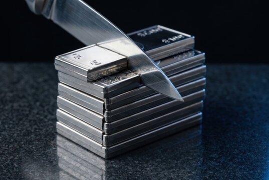 stack of silver bullion bars being sliced with kitchen knife financial risk
