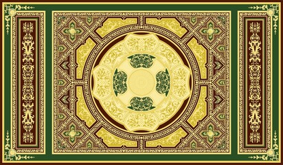 Fototapeta premium Luxury Royal Green and Maroon Architectural Panel with Central Baroque Medallion and Gilded Filigree