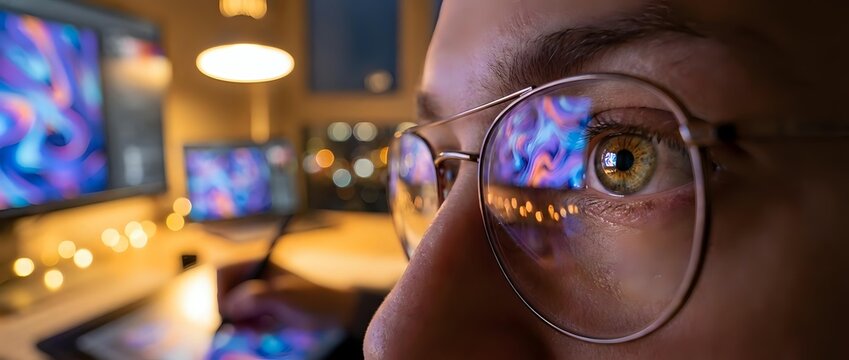 Close-up of focused programmer with glasses reflecting colorful code on computer screens in modern office workspace for software development projects.