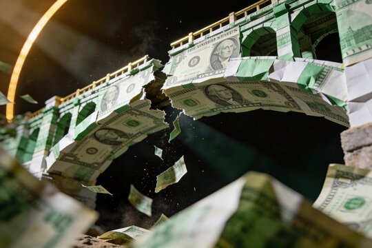 paper bill bridge collapsing mid-span falling dollar notes economic collapse finance risk