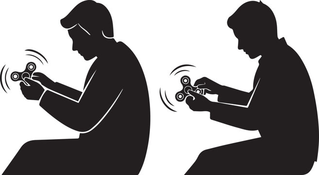 Fidget spinner silhouette of man playing with toy, male person spinning hand gadget for stress relief, black and white vector illustration
