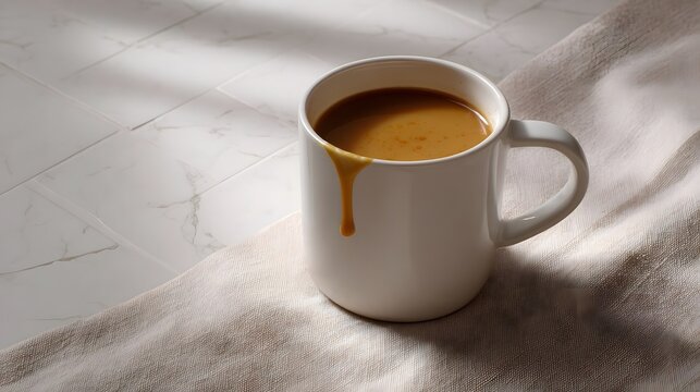 A white ceramic mug filled with warm coffee liquid rests on textured linen fabric under bright natural light