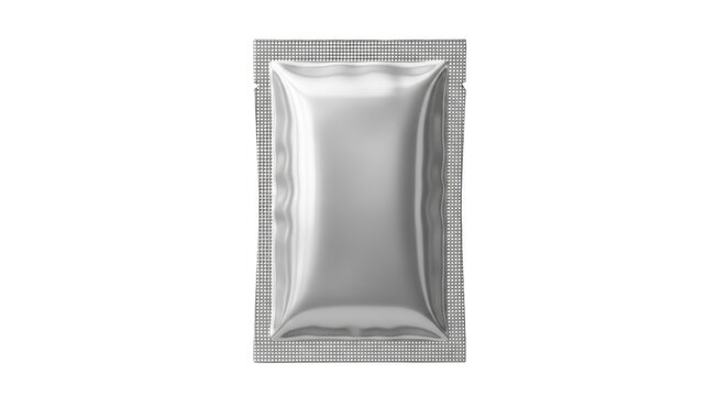 Rectangular silver foil sachet packet for food or cosmetic product, blank metallic pouch mockup isolated on transparent background