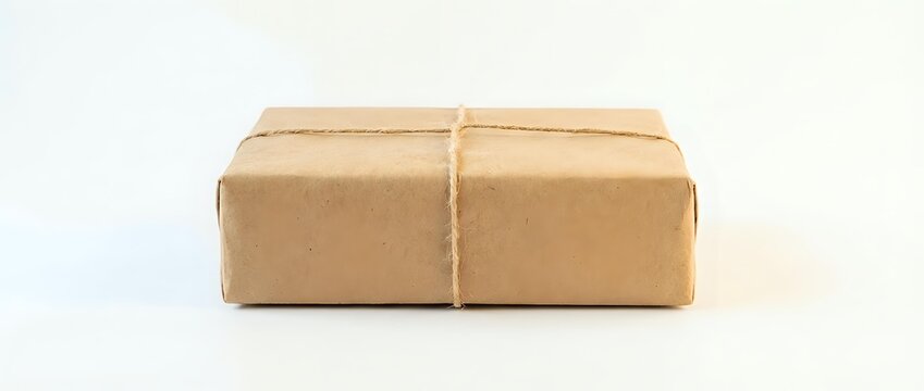 Brown kraft paper package tied with natural twine string isolated on white background for shipping and delivery services.