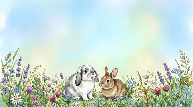 Rabbits Bunnies Spring Meadow Wildflowers Watercolor Easter Greeting Card