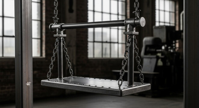 Industrial Metal Swing Hanging in Rustic Factory Interior