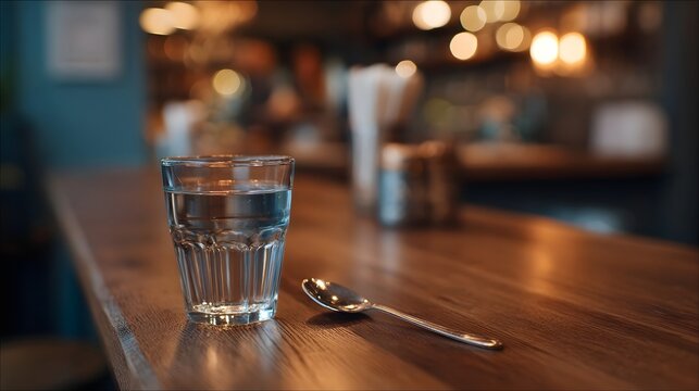 A clear glass of water and a silver spoon rest on a wooden bar counter bathed in soft warm ambient lighting