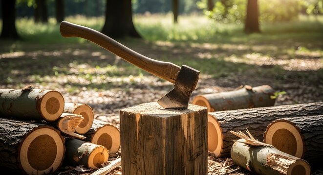 Wooden axe resting on tree stump with freshly cut firewood in forest