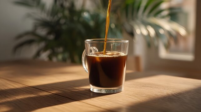 Dark coffee liquid is poured into a clear glass cup resting on a wooden surface capturing a warm morning ritual
