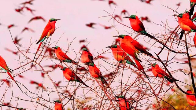 carmine bee-eaters resting on a bush, in the background many flying birds, 340

