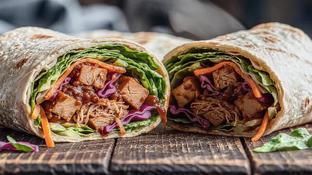 Delicious Pulled Pork Wraps Halved on Wooden Board Close Up.