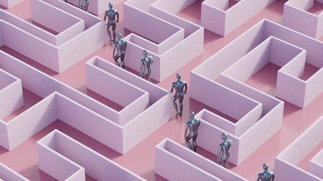 3d animation of metallic figures walks endlessly through a structured maze for VJ sets, high-tech club visuals,  electronic music festivals, stage screens and for LED video walls