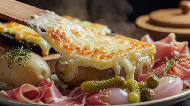Delicious Raclette Cheese Melting Over Potatoes and Cured Meats.